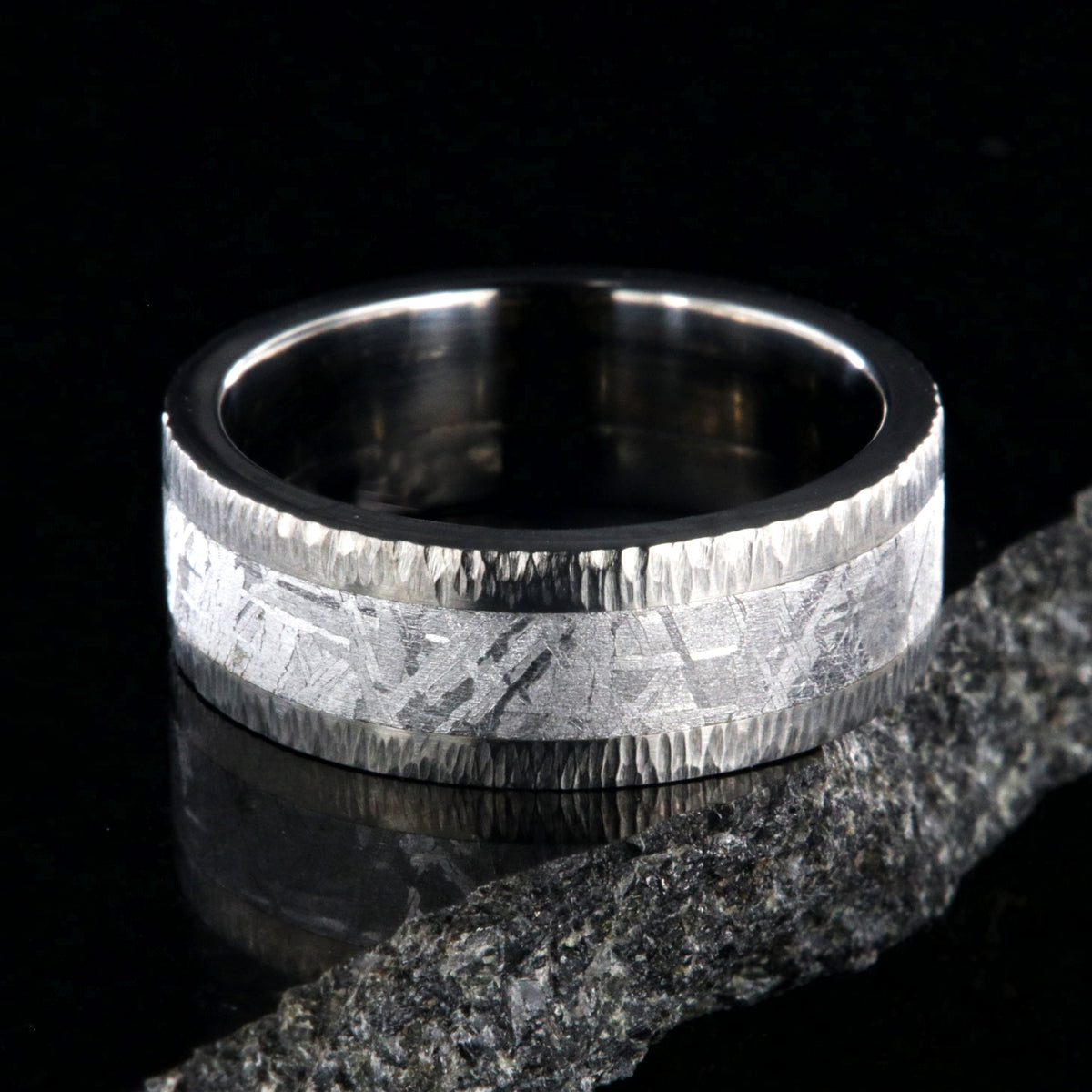 8mm wide Gibeon meteorite ring with tree barked finish titanium edges
