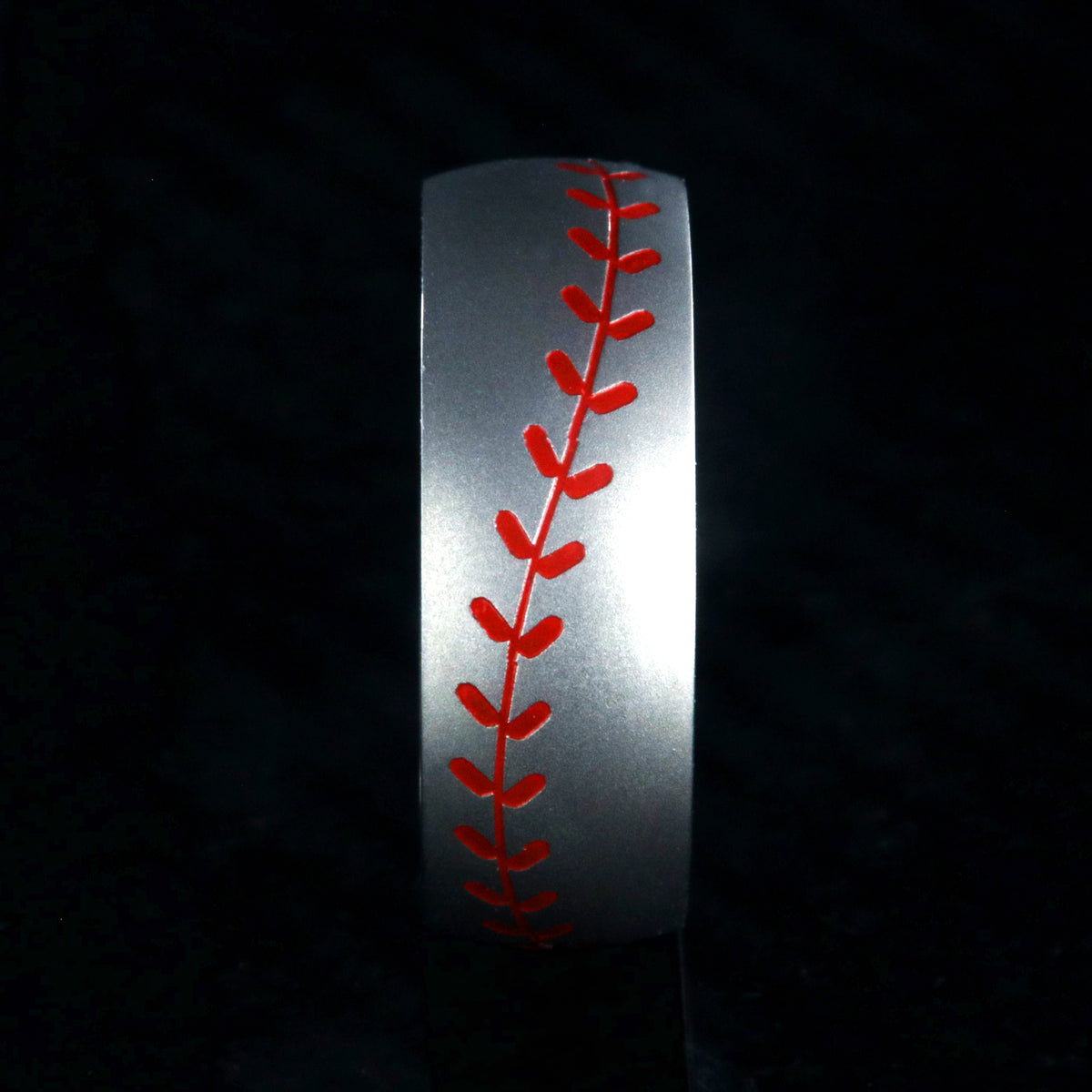 8mm wide titanium baseball ring with red stitching and a brushed finish
