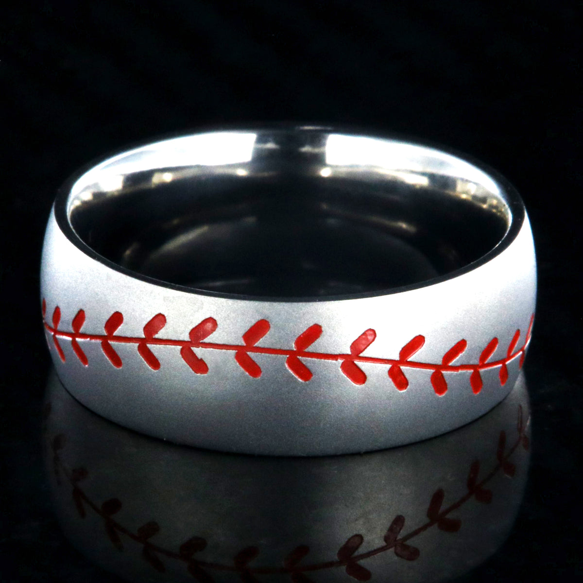8mm wide titanium baseball ring with red stitching and a brushed finish