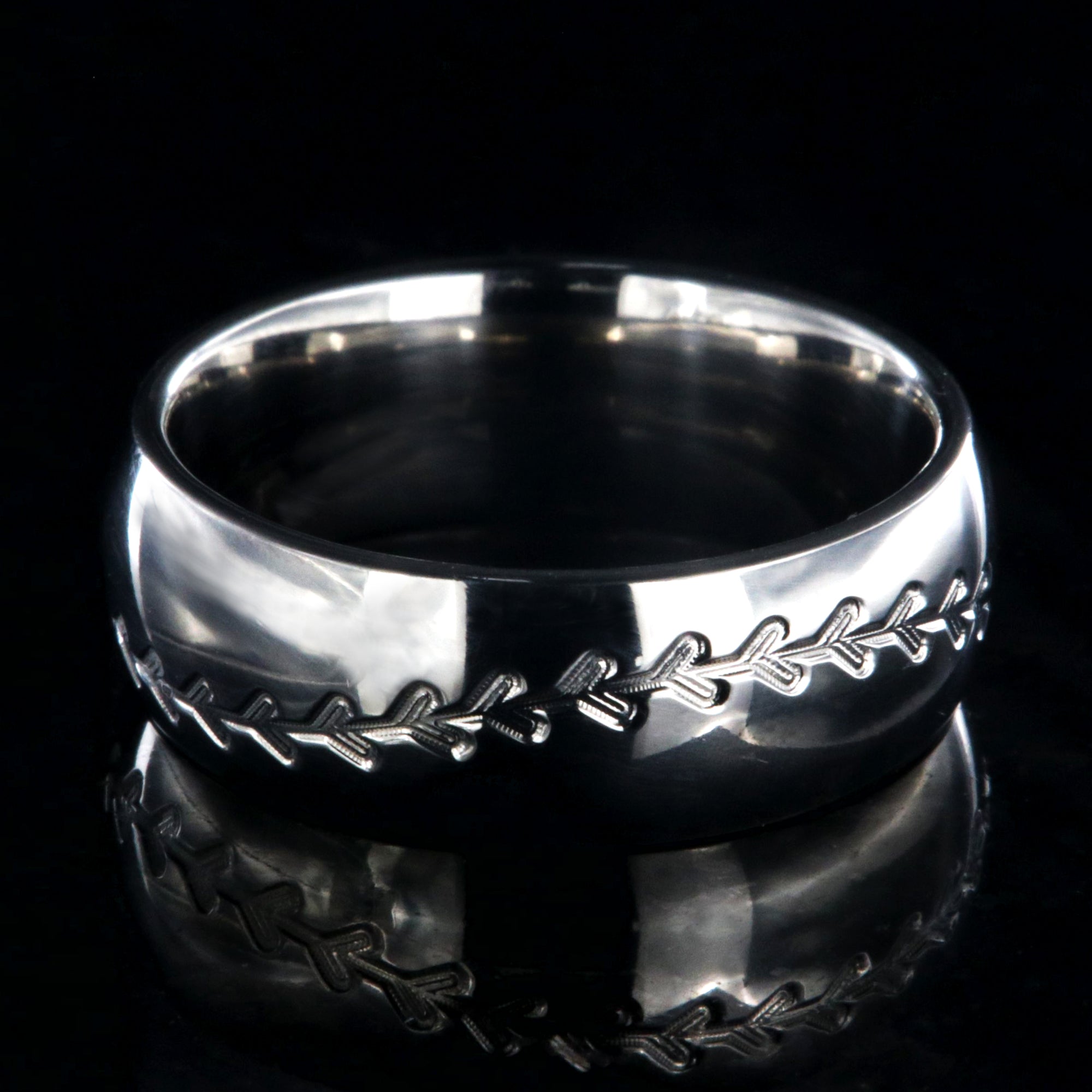 8mm wide titanium baseball ring with milled stitching and a rounded profile