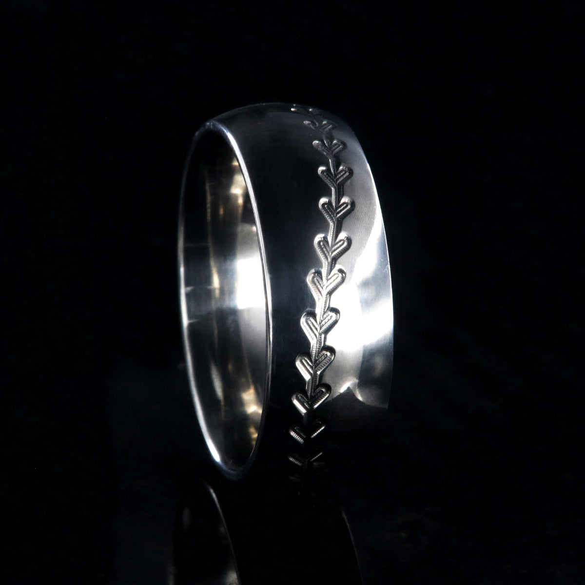 8mm wide titanium baseball ring with milled stitching and a rounded profile
