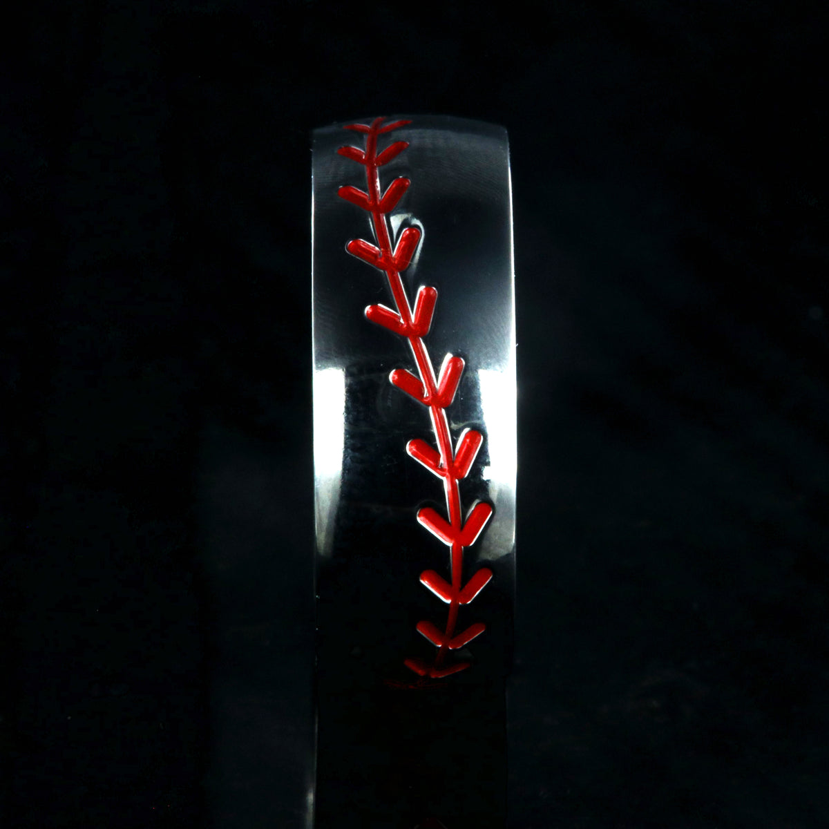 8mm wide titanium baseball ring with red stitching and a rounded profile