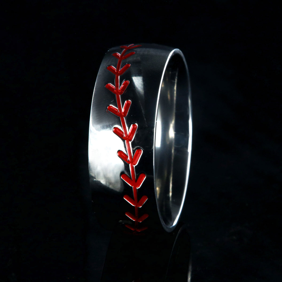 8mm wide titanium baseball ring with red stitching and a rounded profile
