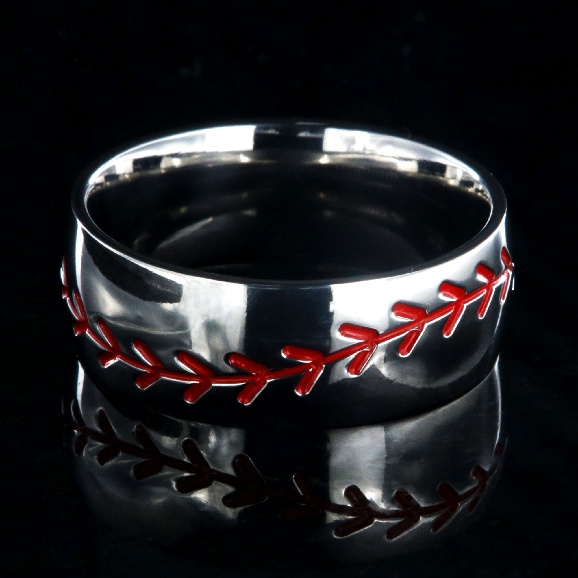 8mm wide titanium baseball ring with red stitching and a rounded profile
