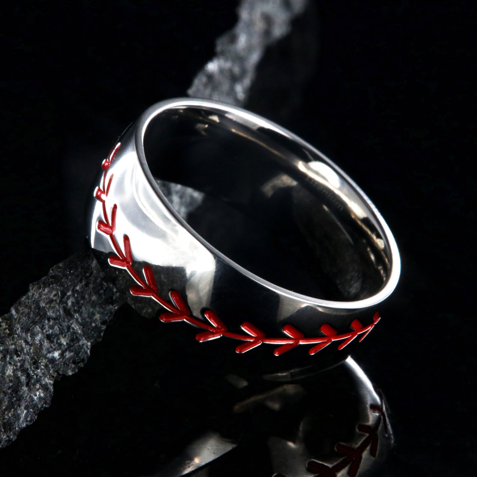 8mm wide titanium baseball ring with red stitching and a rounded profile