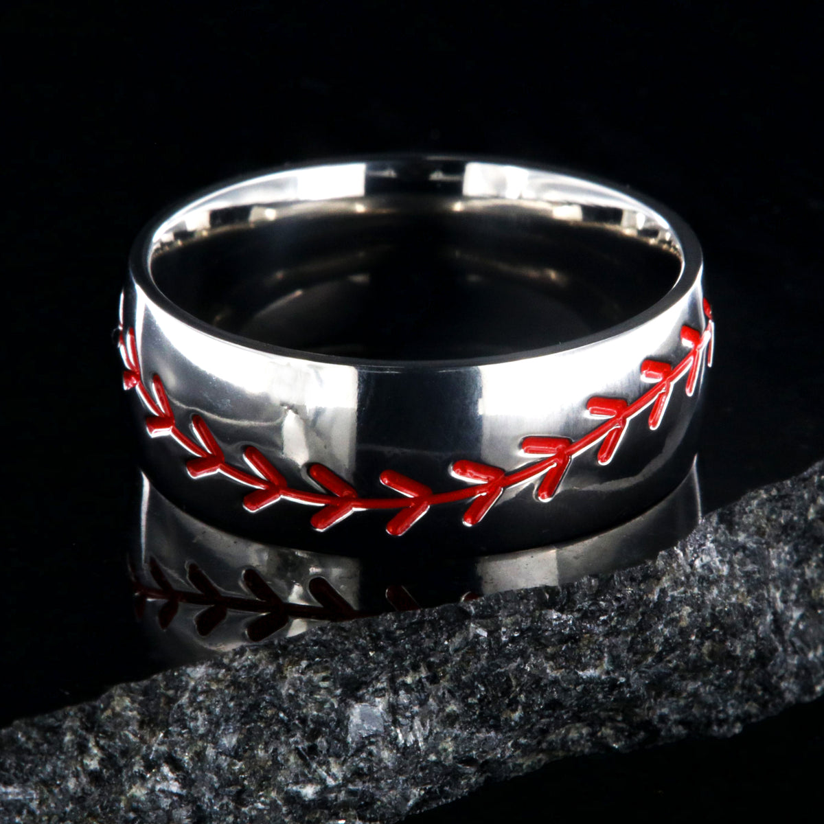 8mm wide titanium baseball ring with red stitching and a rounded profile