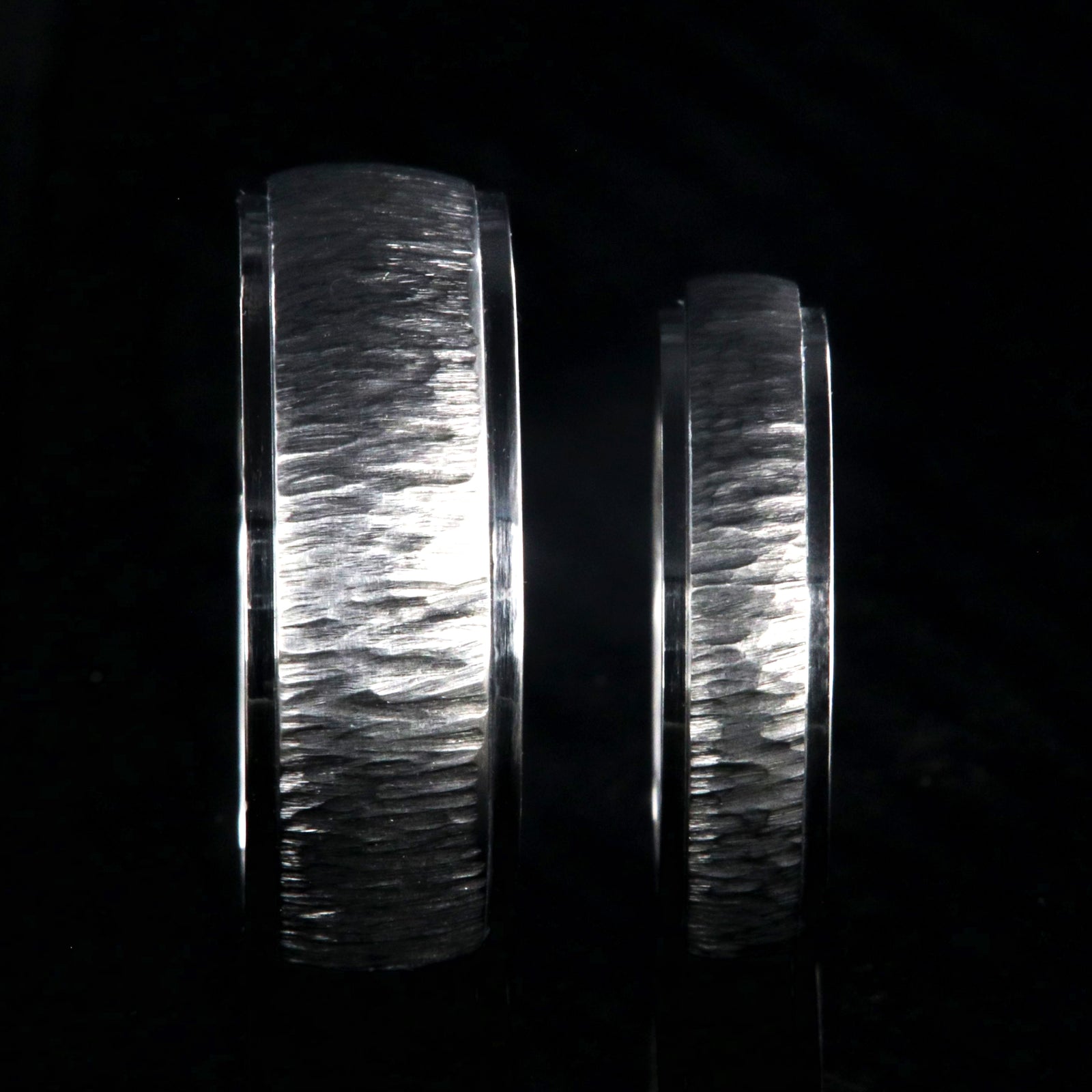 8mm and 5mm wide matching titanium wedding bands with a tree bark raised center
