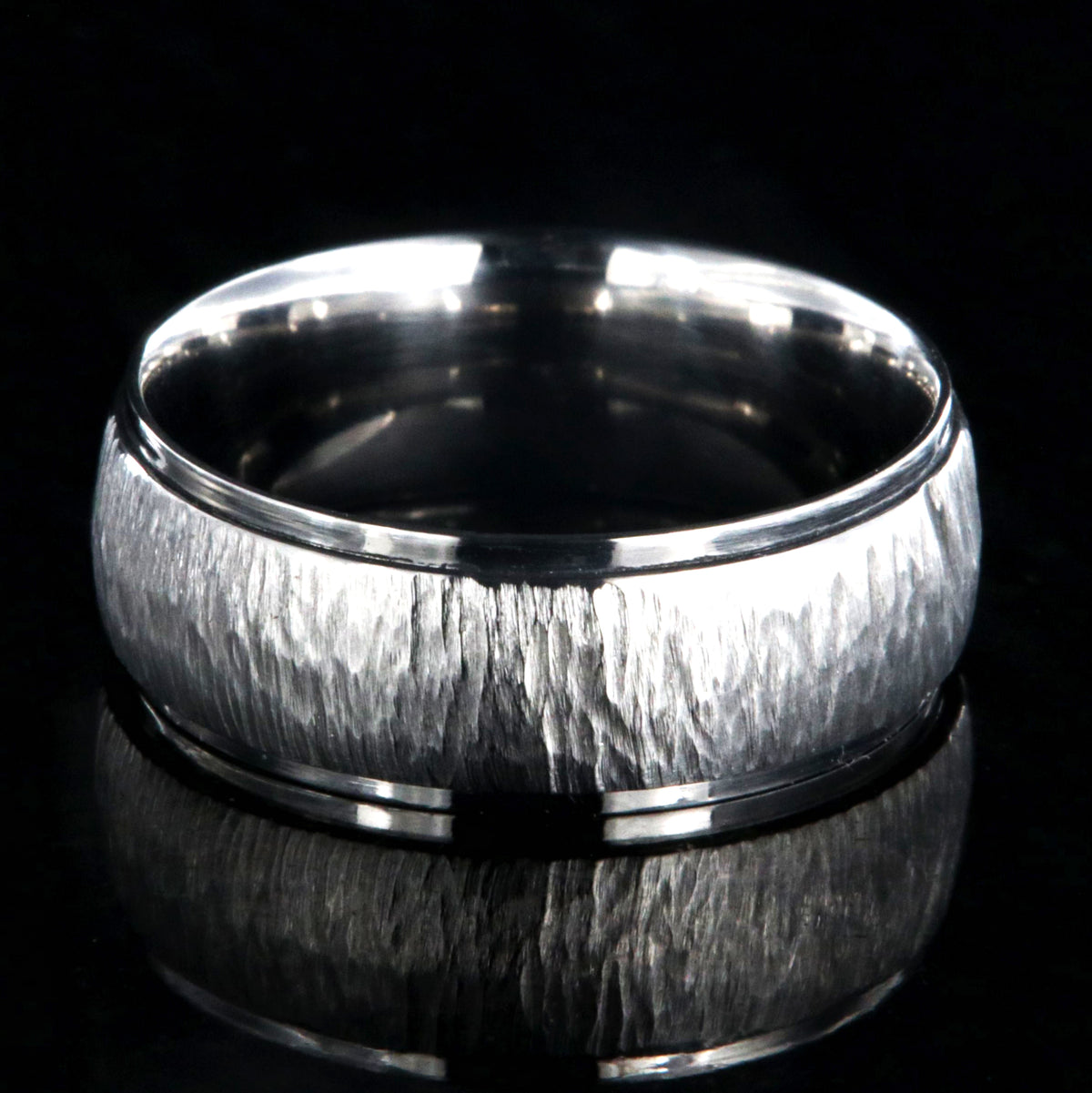 8mm wide titanium wedding band with a raised center tree bark finish