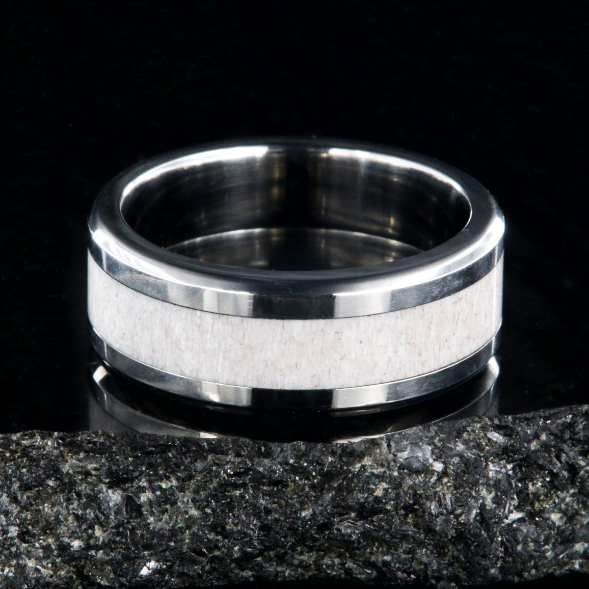 8mm wide wedding band with titanium edges and antler inlay
