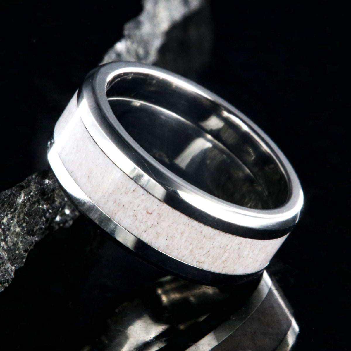 8mm wide wedding band with titanium edges and antler inlay