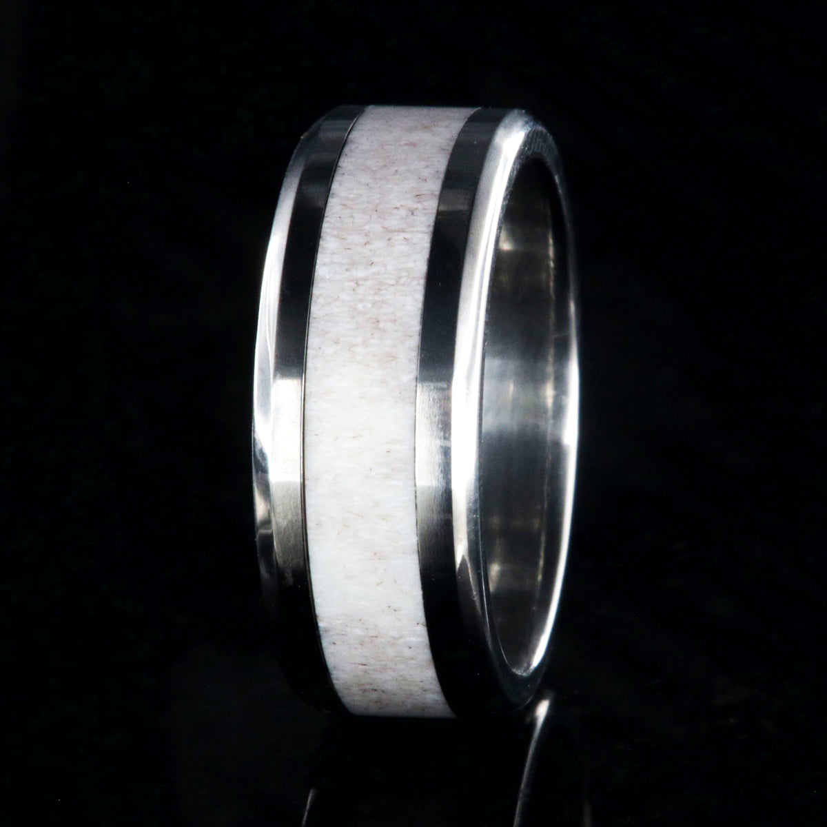 8mm wide wedding band with titanium edges and antler inlay