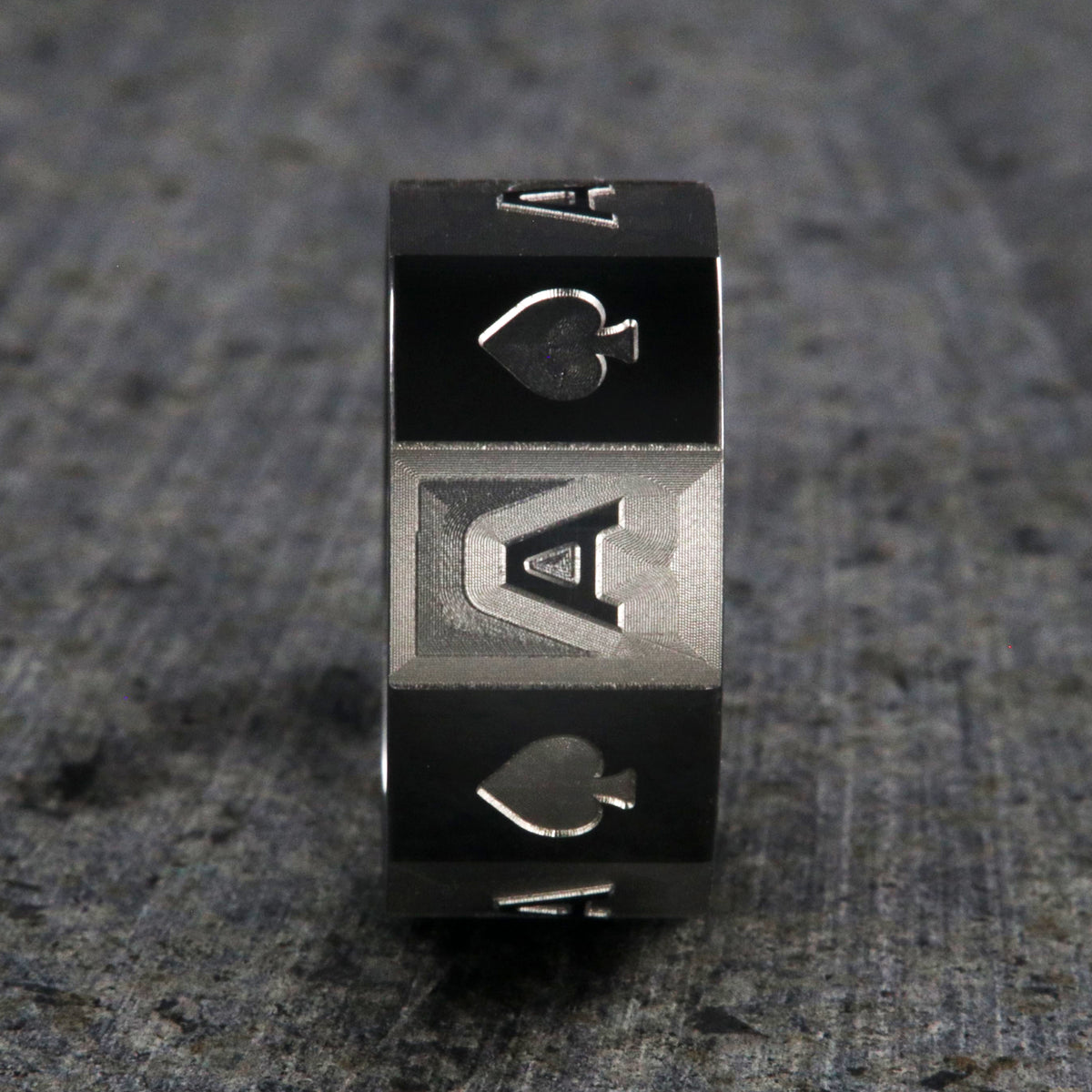 10mm wide black zirconium ace of spades ring with alternating two-tone