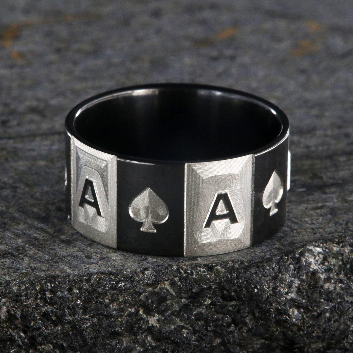 10mm wide black zirconium ace of spades ring with alternating two-tone