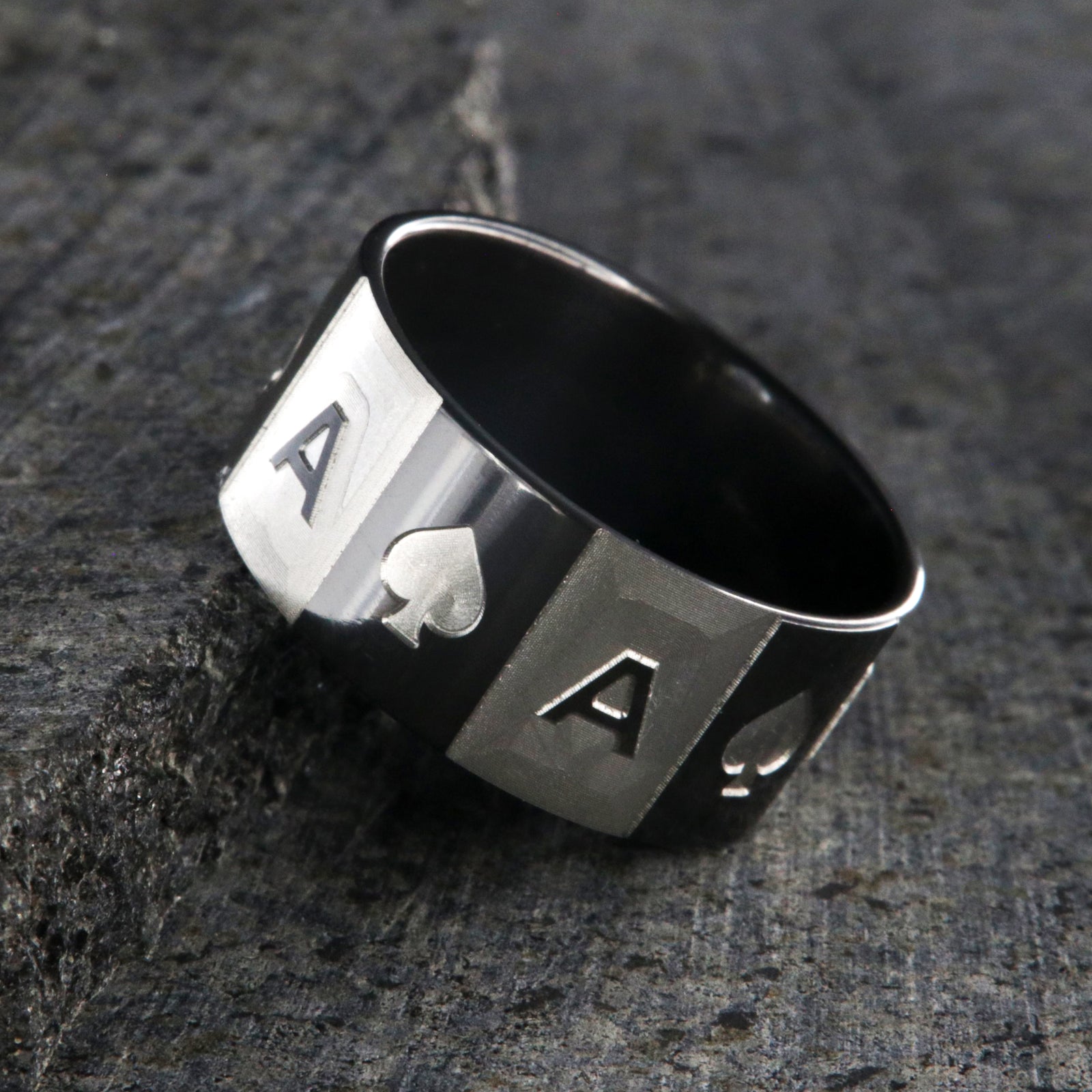 10mm wide black zirconium ace of spades ring with alternating two-tone