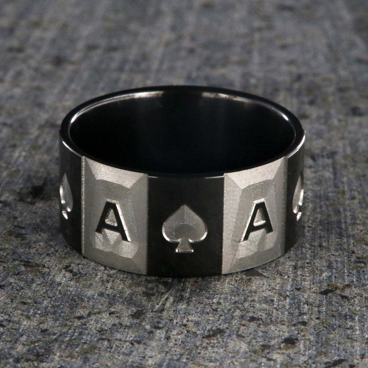 10mm wide black zirconium ace of spades ring with alternating two-tone