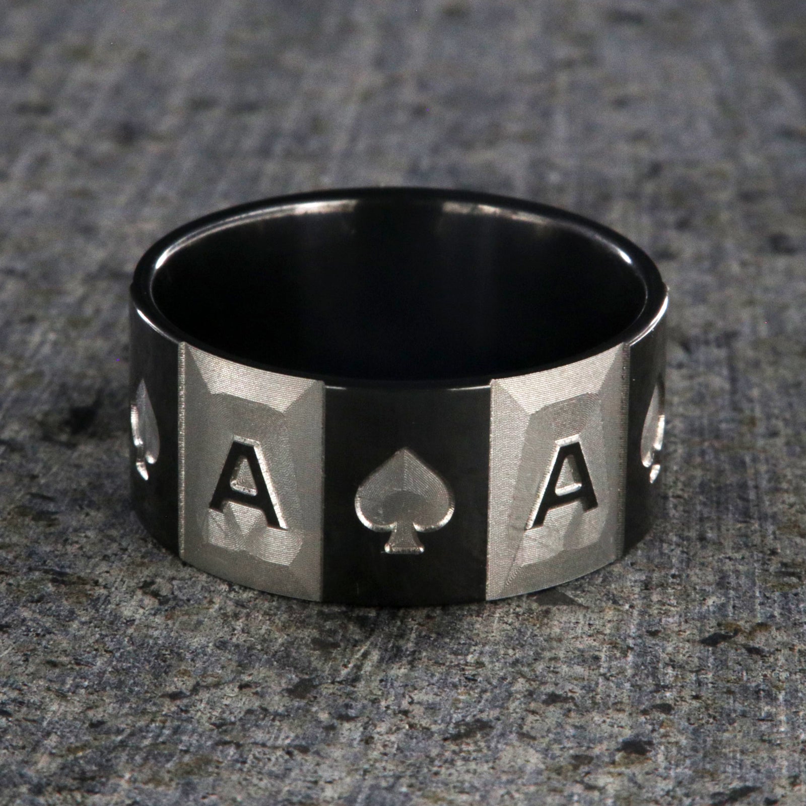 10mm wide black zirconium ace of spades ring with alternating two-tone