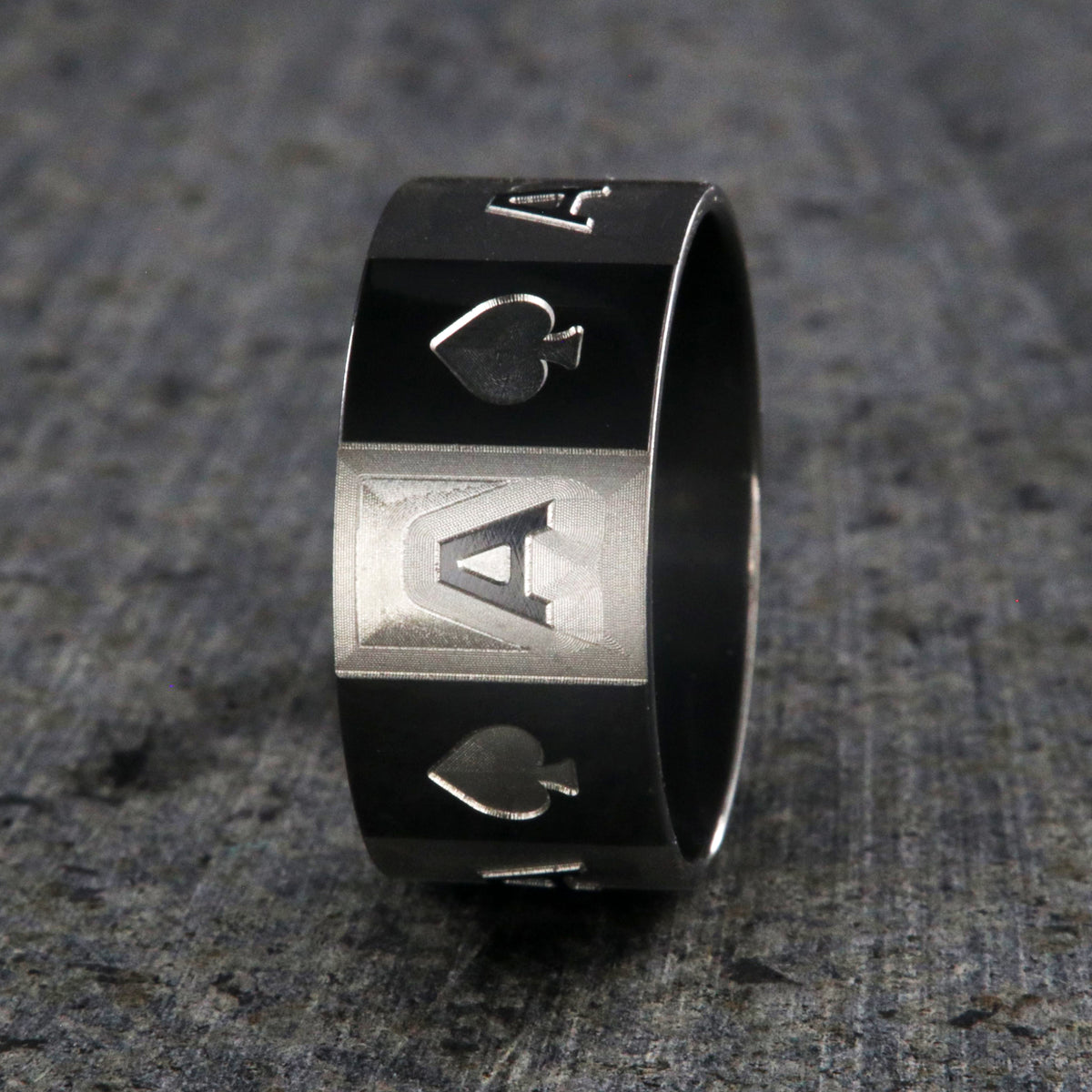 10mm wide black zirconium ace of spades ring with alternating two-tone