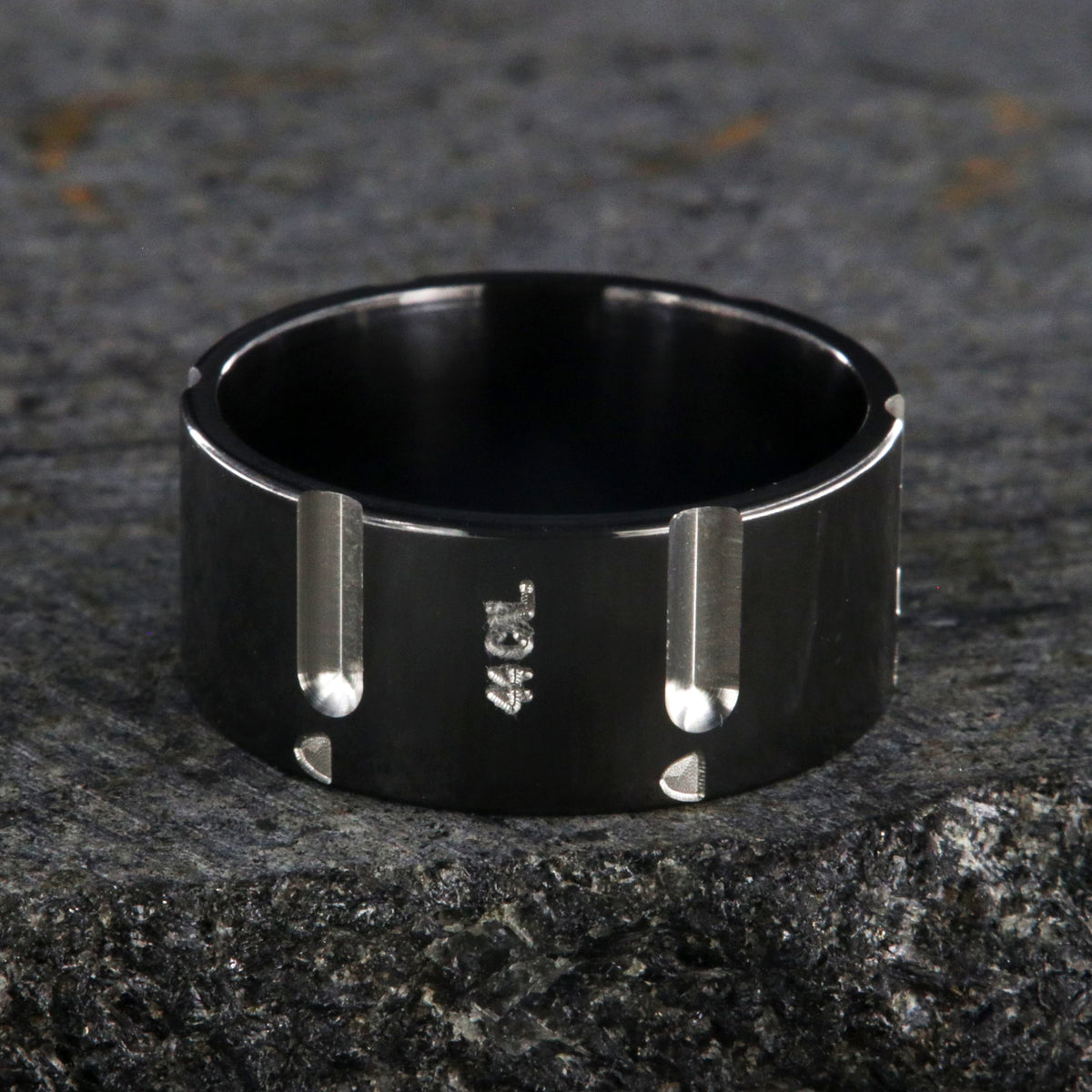 10mm wide black zirconium wedding band with a .44 caliber design