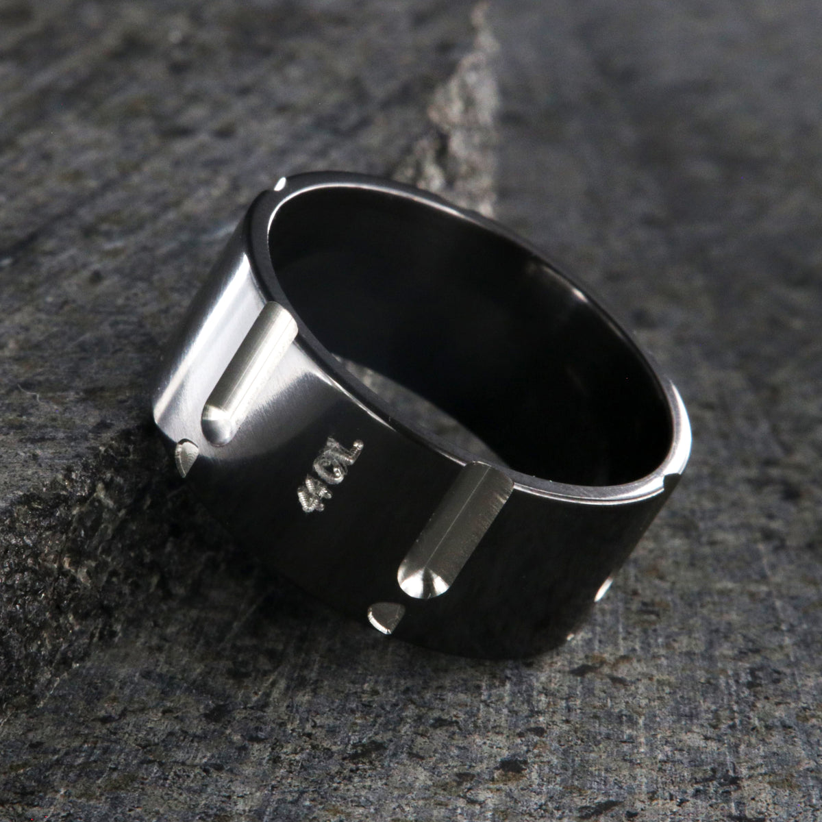 10mm wide black zirconium wedding band with a .44 caliber design