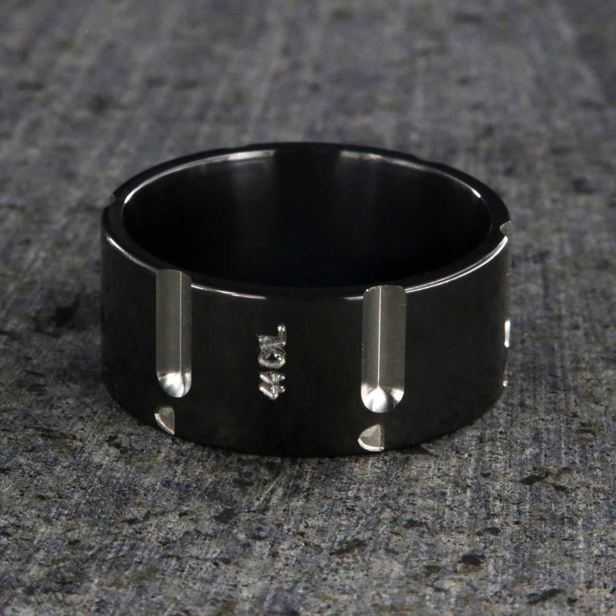 10mm wide black zirconium wedding band with a .44 caliber design