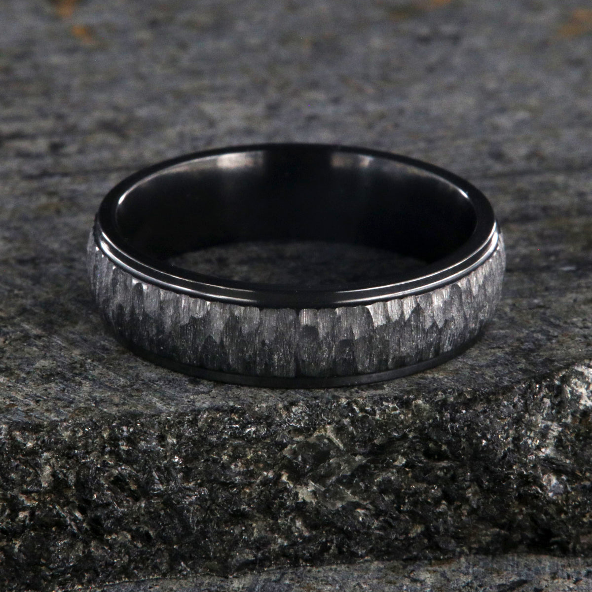 5mm wide black zirconium ring with a raised-center and tree bark finish