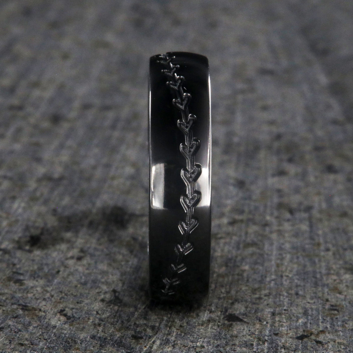 6mm wide black zirconium baseball ring with milled baseball stitching
