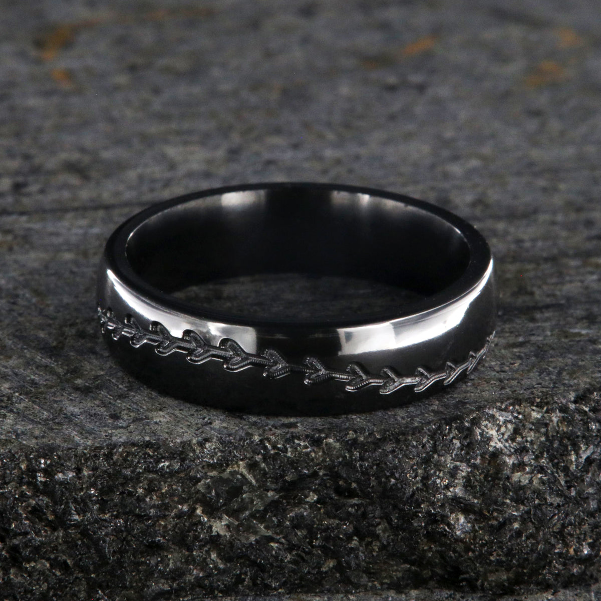 6mm wide black zirconium baseball ring with milled baseball stitching