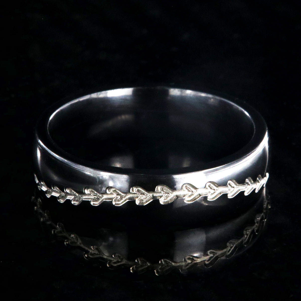 6mm wide black zirconium baseball ring with two-toned baseball stitching