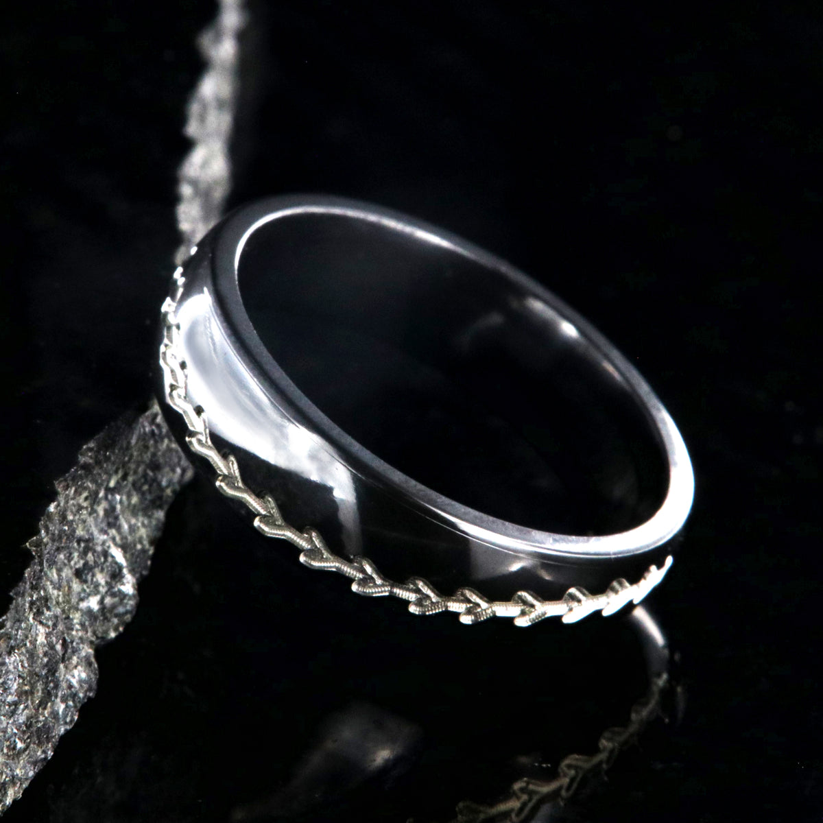 6mm wide black zirconium baseball ring with two-toned baseball stitching