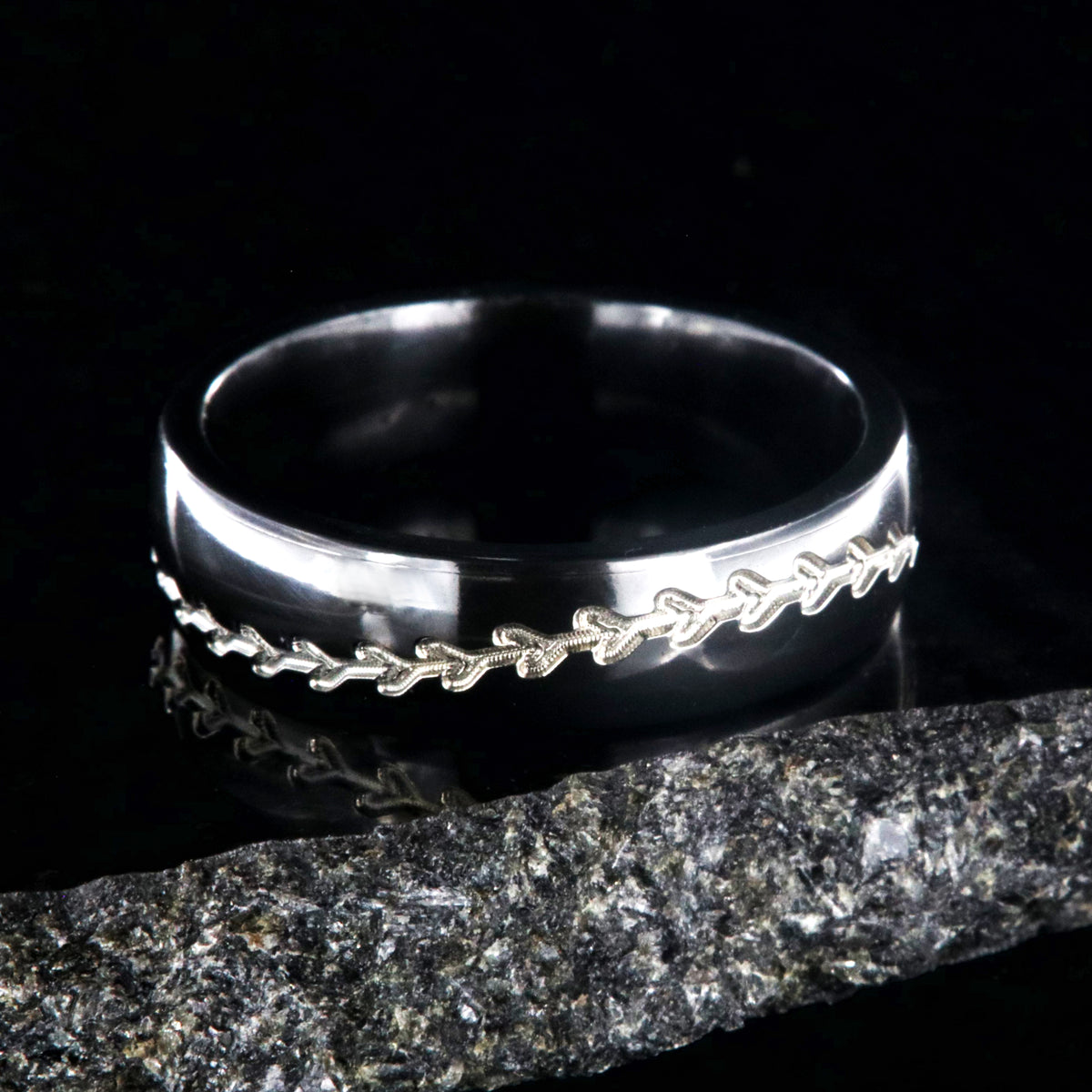 6mm wide black zirconium baseball ring with two-toned baseball stitching
