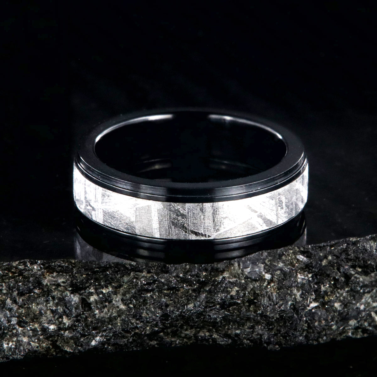 6mm wide men&#39;s meteorite wedding band with a raised center and black zirconium step edges and sleeve