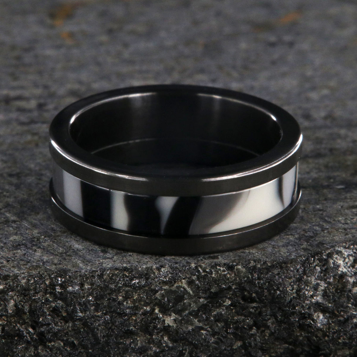 8mm wide black zirconium ring with a black and white camouflage patterned inlay