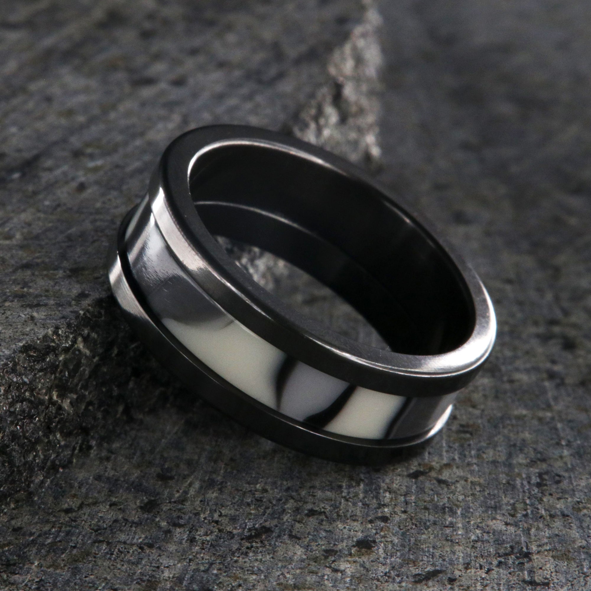 8mm wide black zirconium ring with a black and white camouflage patterned inlay