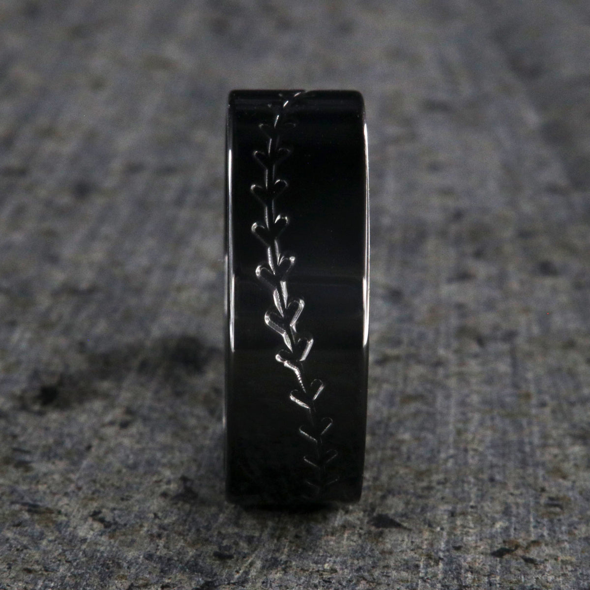 8mm wide black zirconium baseball ring with milled baseball stitiching