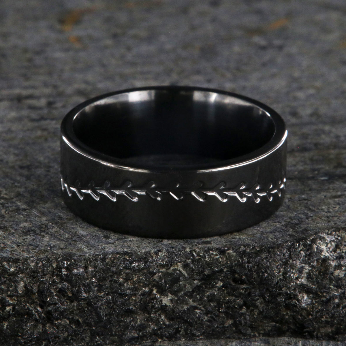 8mm wide black zirconium baseball ring with milled baseball stitiching