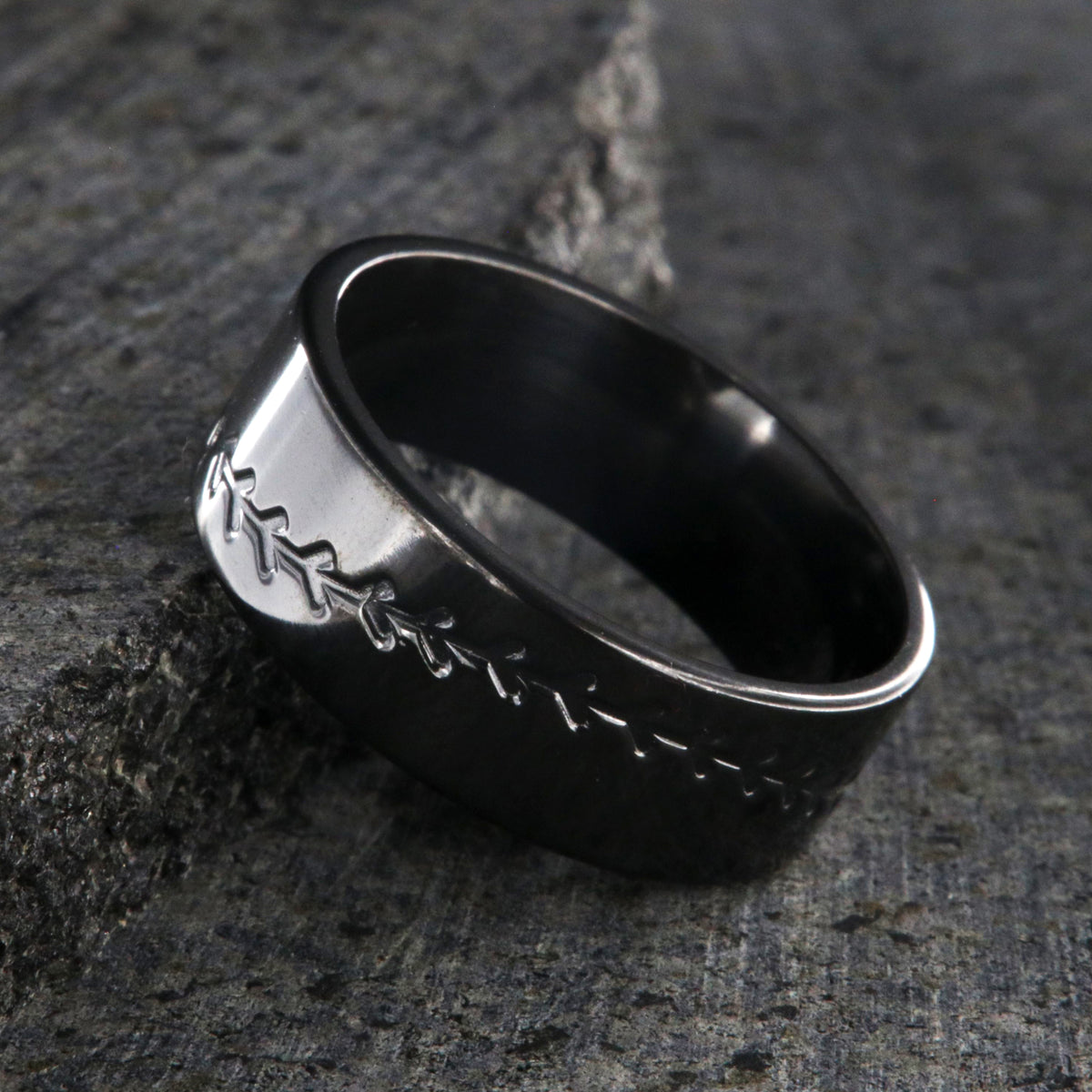 8mm wide black zirconium baseball ring with milled baseball stitiching