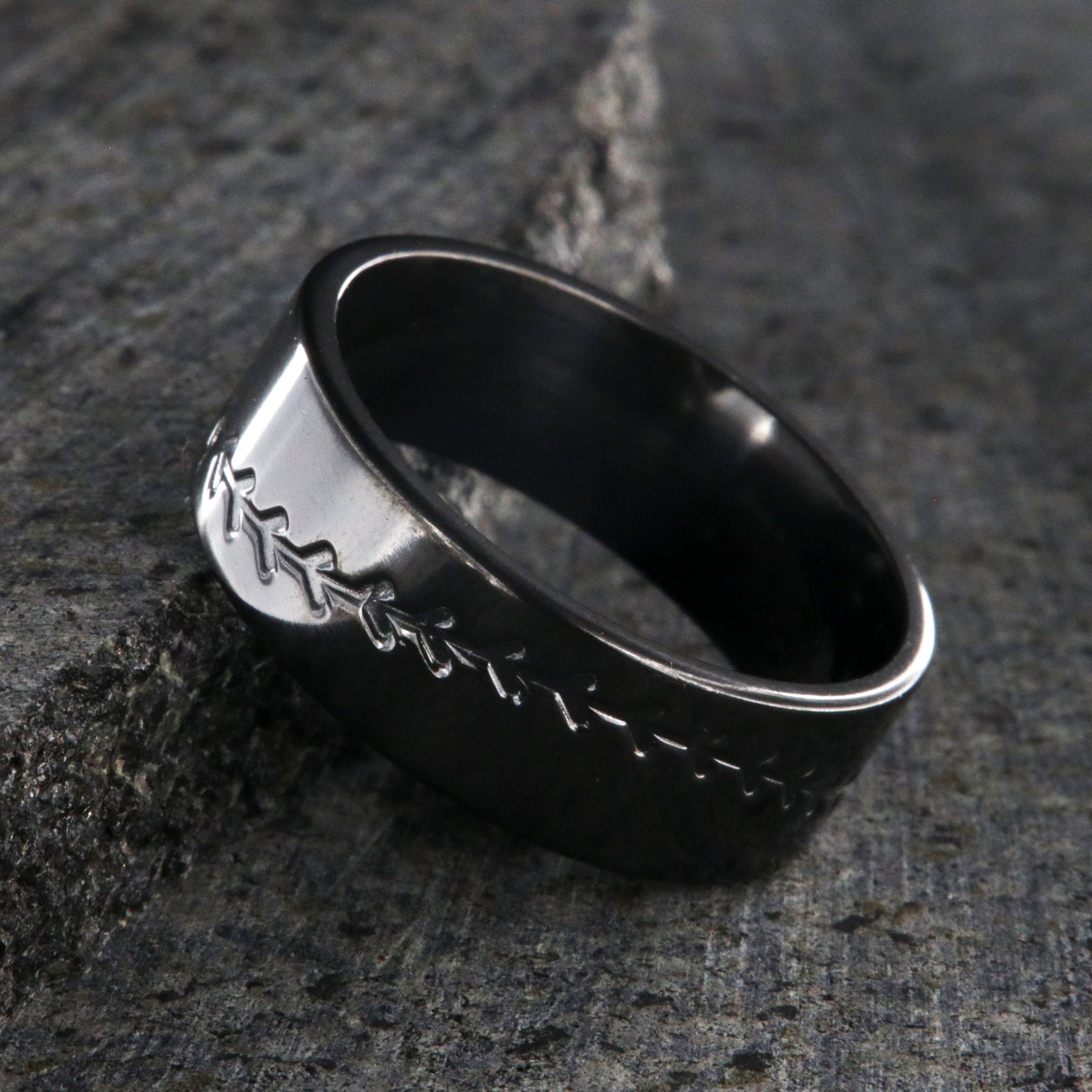 8mm wide black zirconium baseball ring with milled baseball stitiching