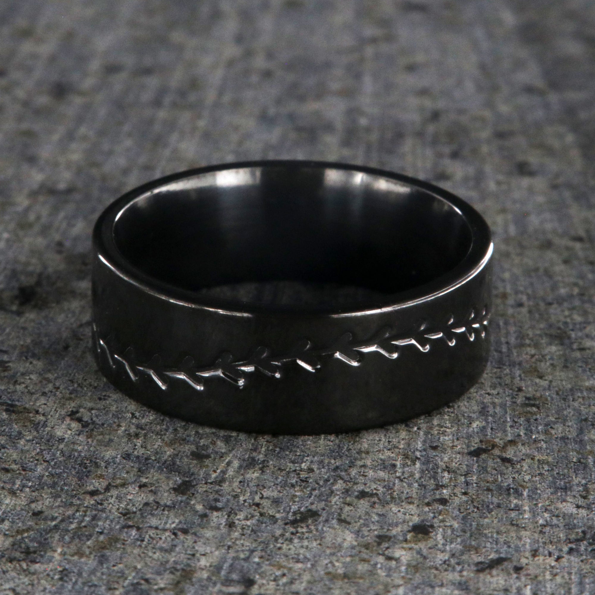 8mm wide black zirconium baseball ring with milled baseball stitiching