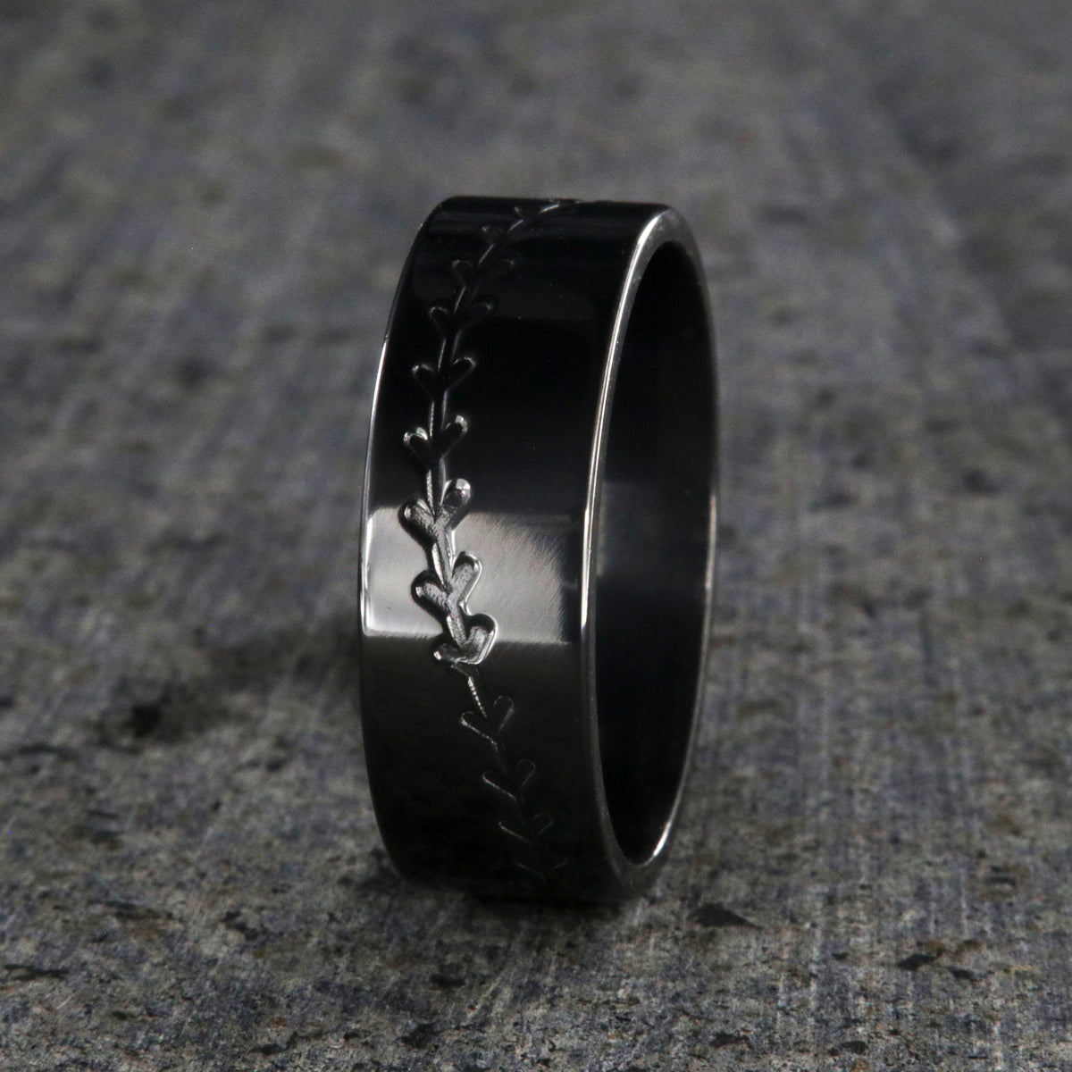 8mm wide black zirconium baseball ring with milled baseball stitiching