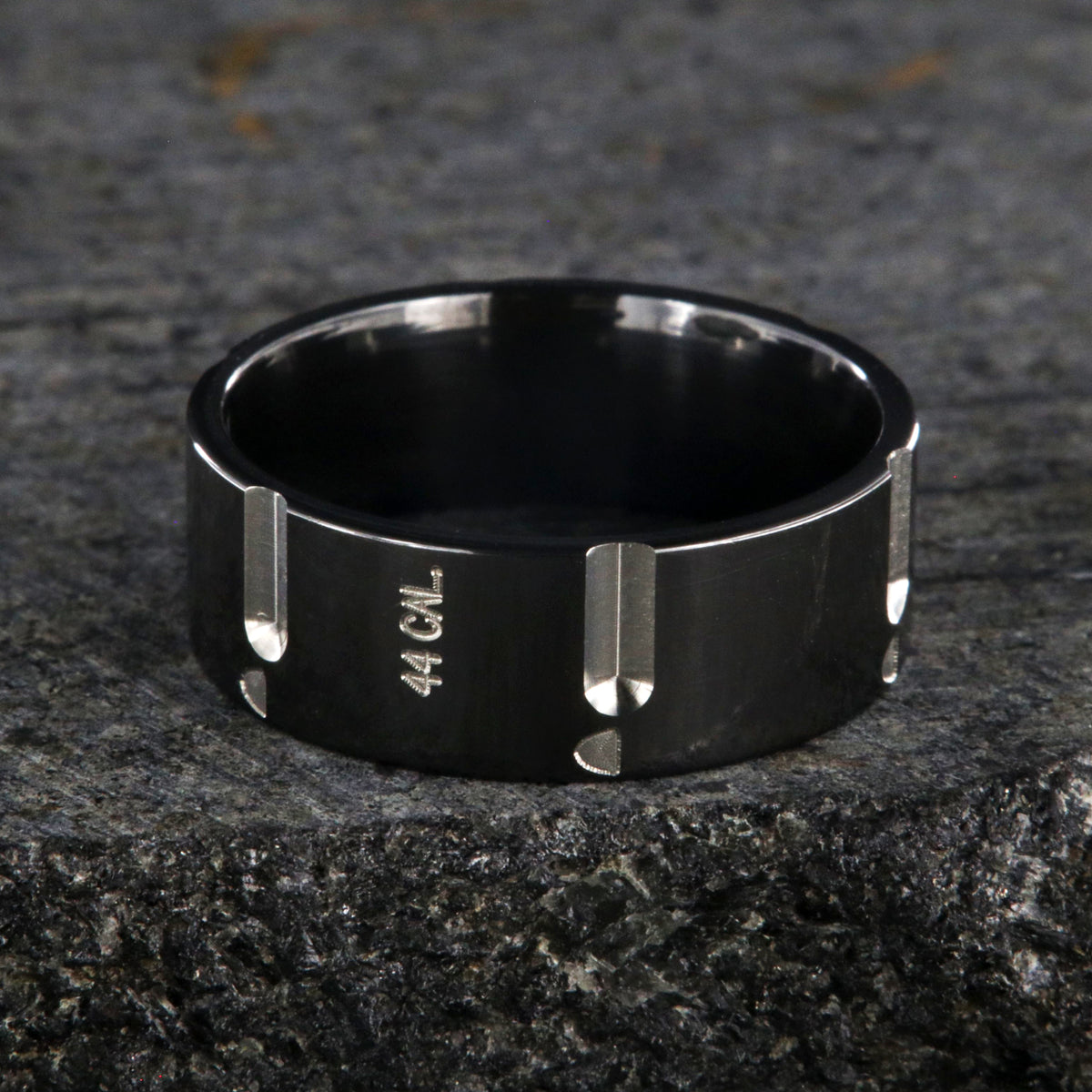 8mm wide black zirconium wedding band with .44 caliber design