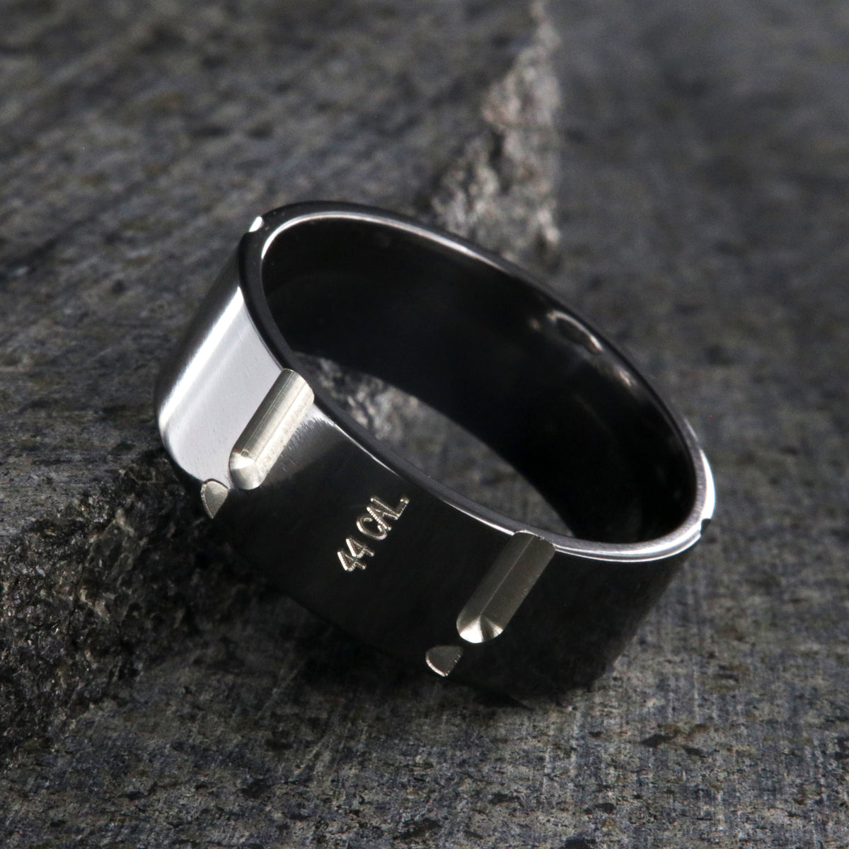 8mm wide black zirconium wedding band with .44 caliber design