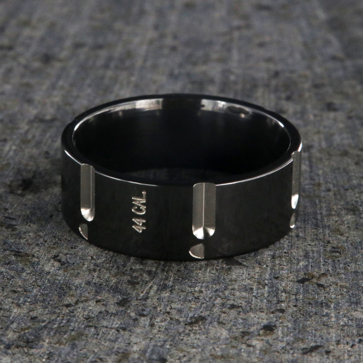 8mm wide black zirconium wedding band with .44 caliber design