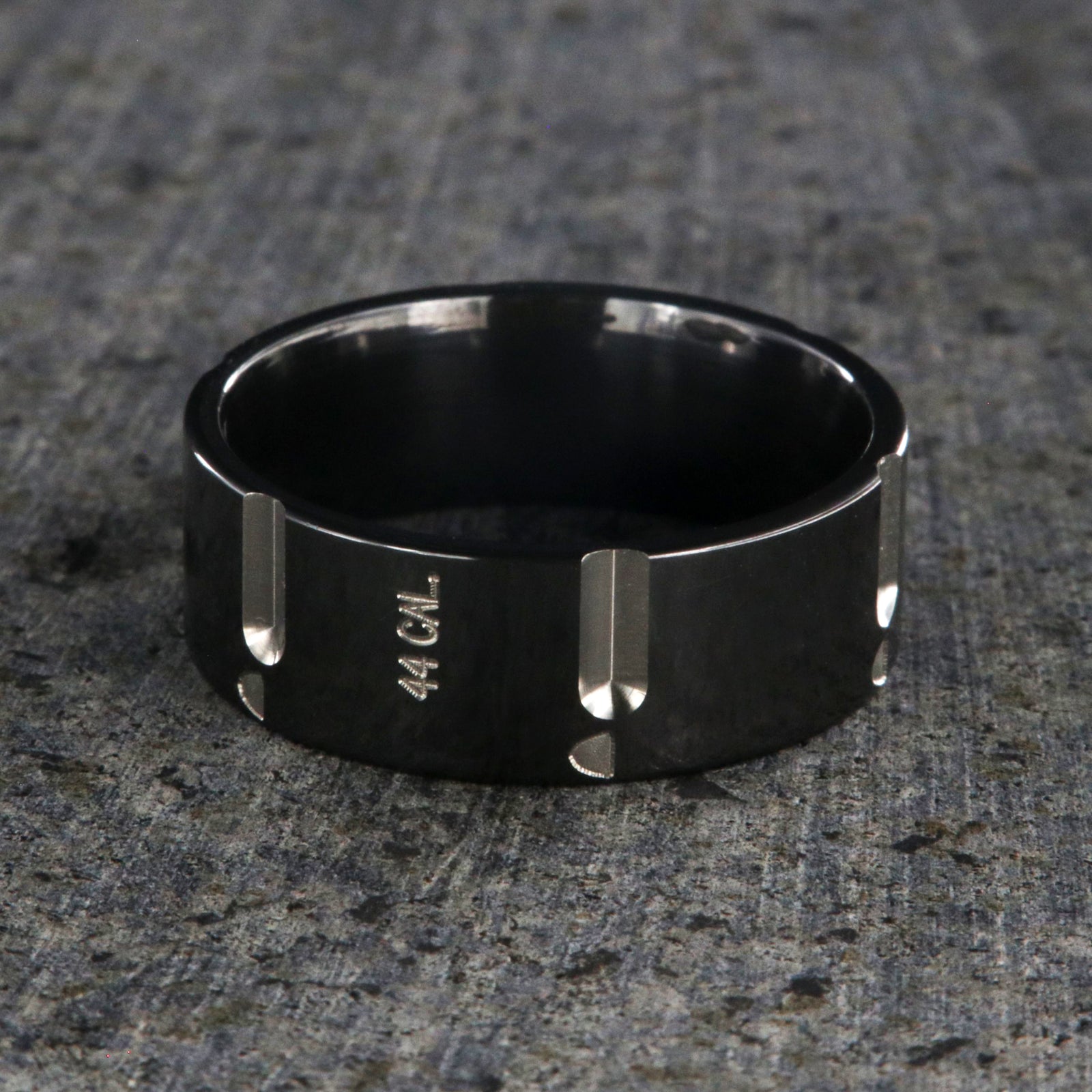 8mm wide black zirconium wedding band with .44 caliber design