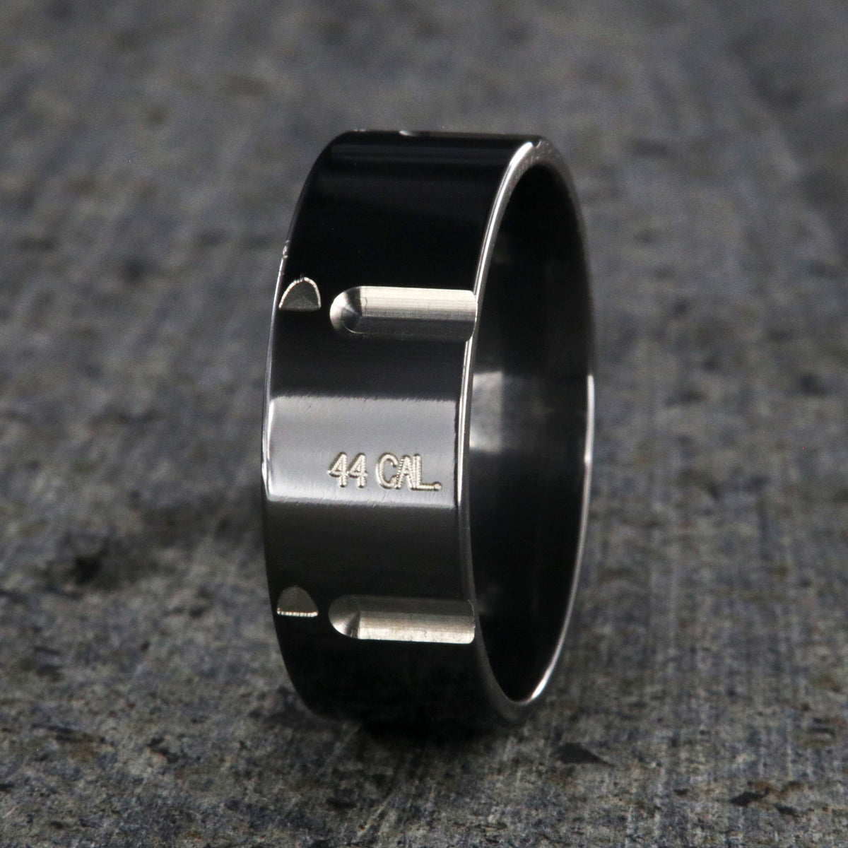 8mm wide black zirconium wedding band with .44 caliber design