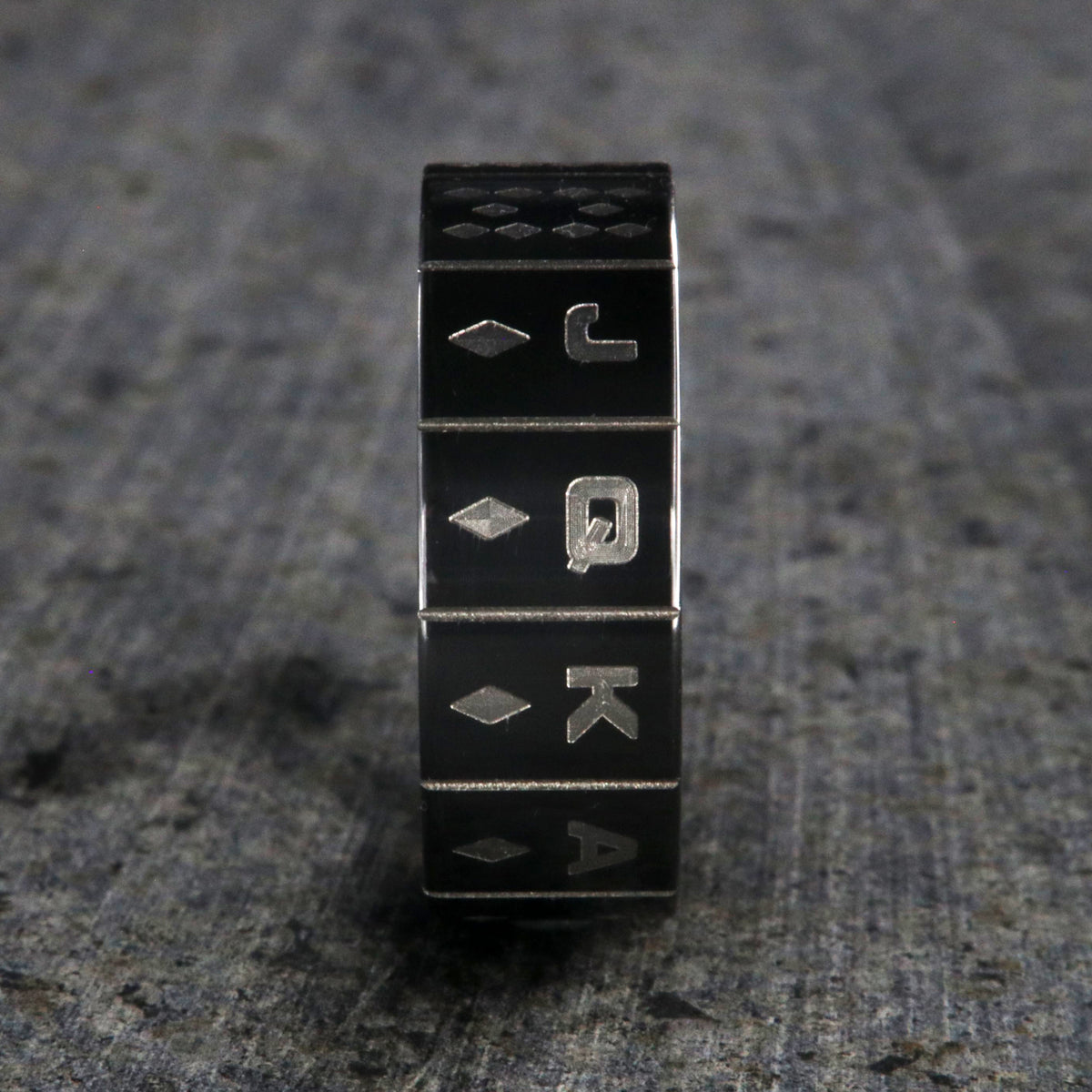8mm wide black zirconium wedding band with the set of diamond cards and a flat profile