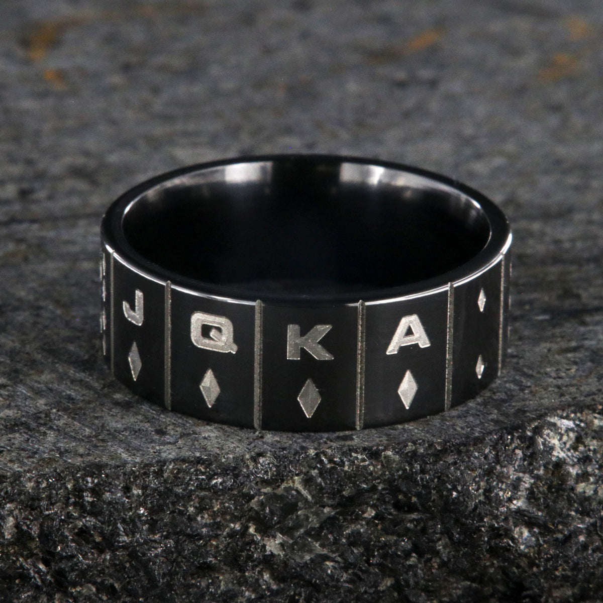8mm wide black zirconium wedding band with the set of diamond cards and a flat profile