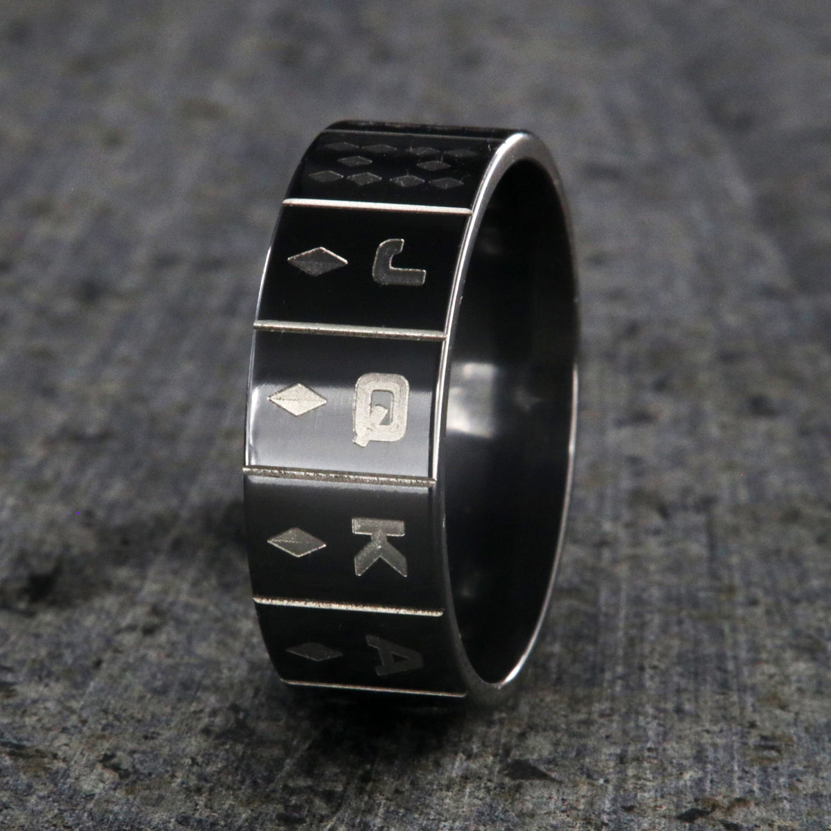 8mm wide black zirconium wedding band with the set of diamond cards and a flat profile