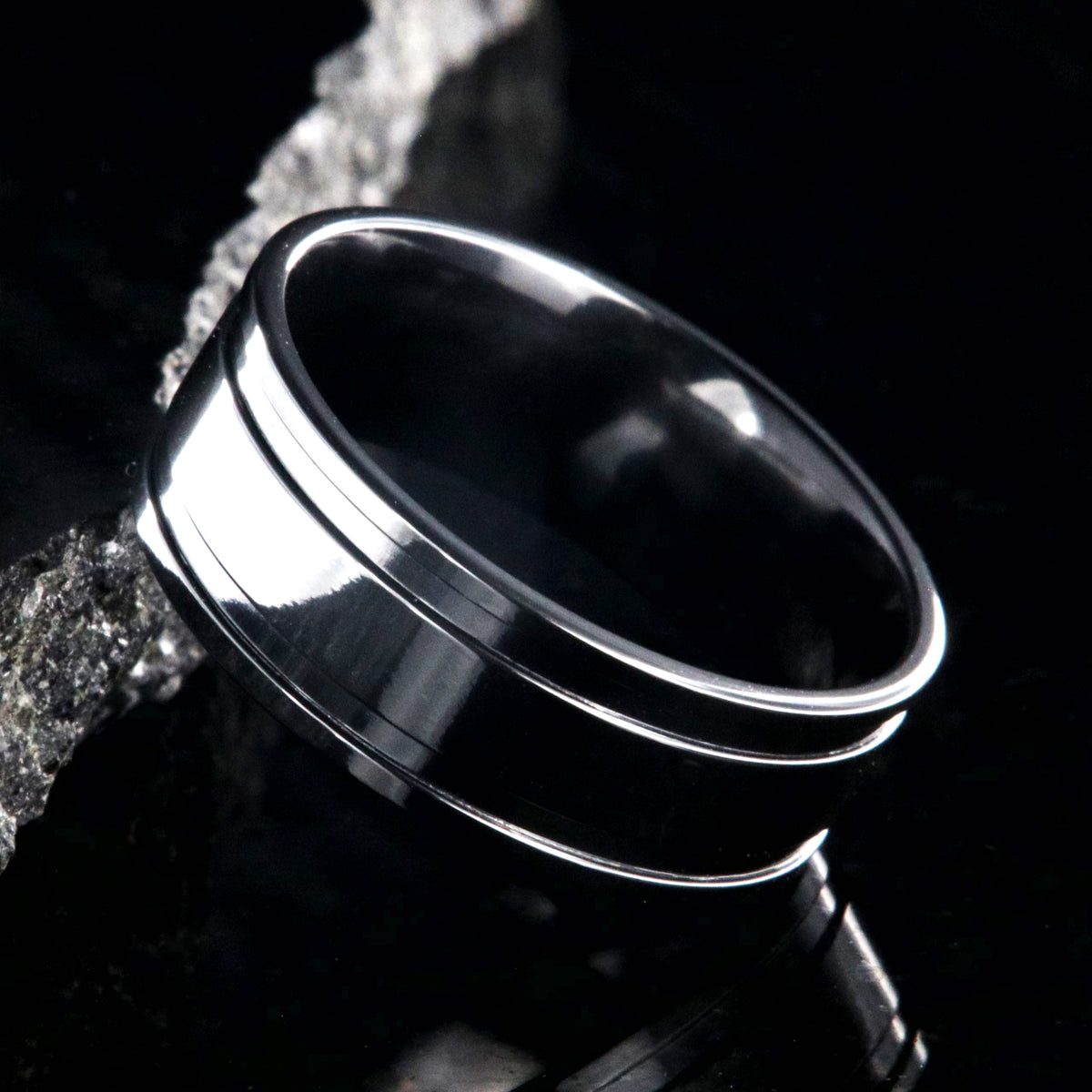 8mm wide polished black zirconium wedding band with dual edge grooves