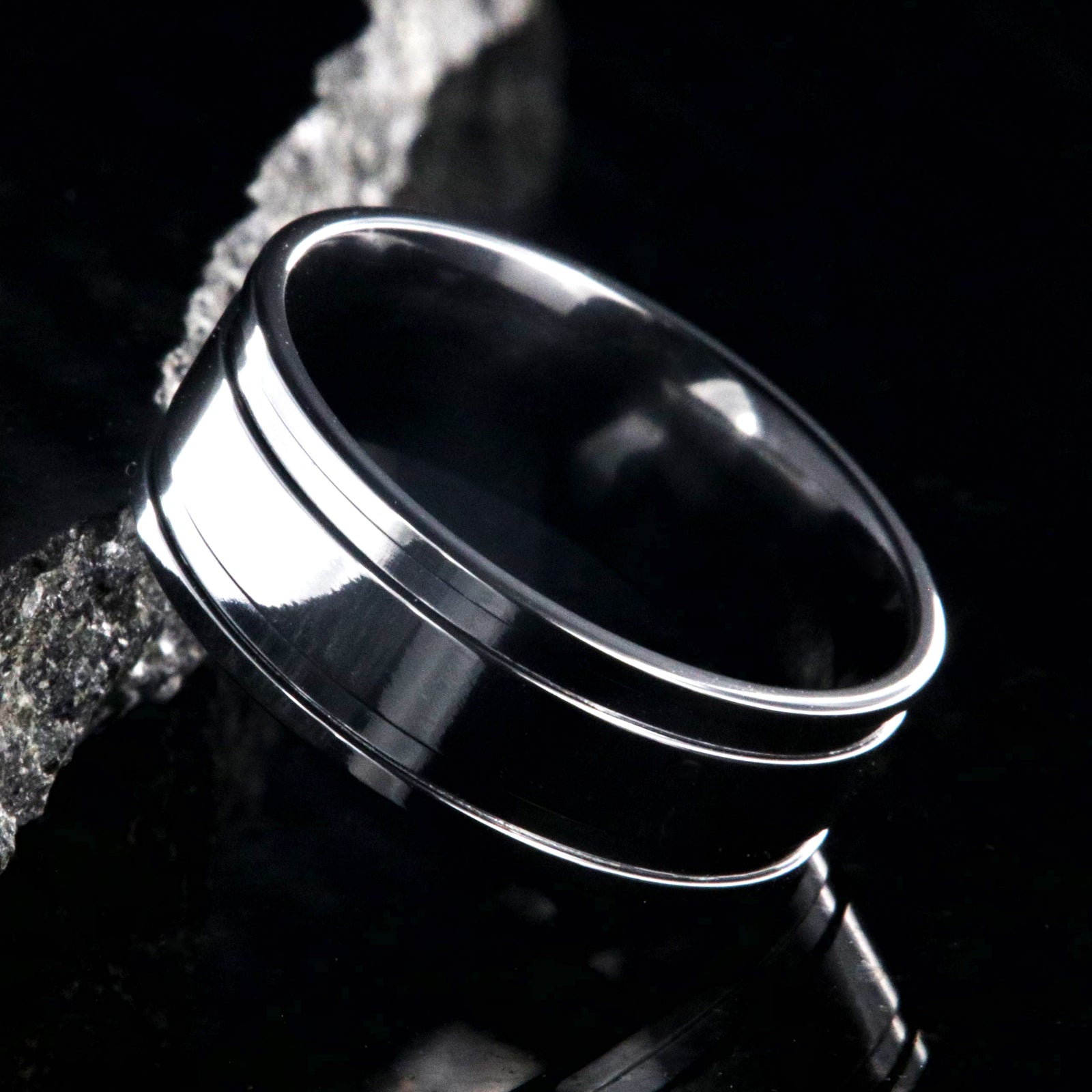 8mm wide polished black zirconium wedding band with dual edge grooves