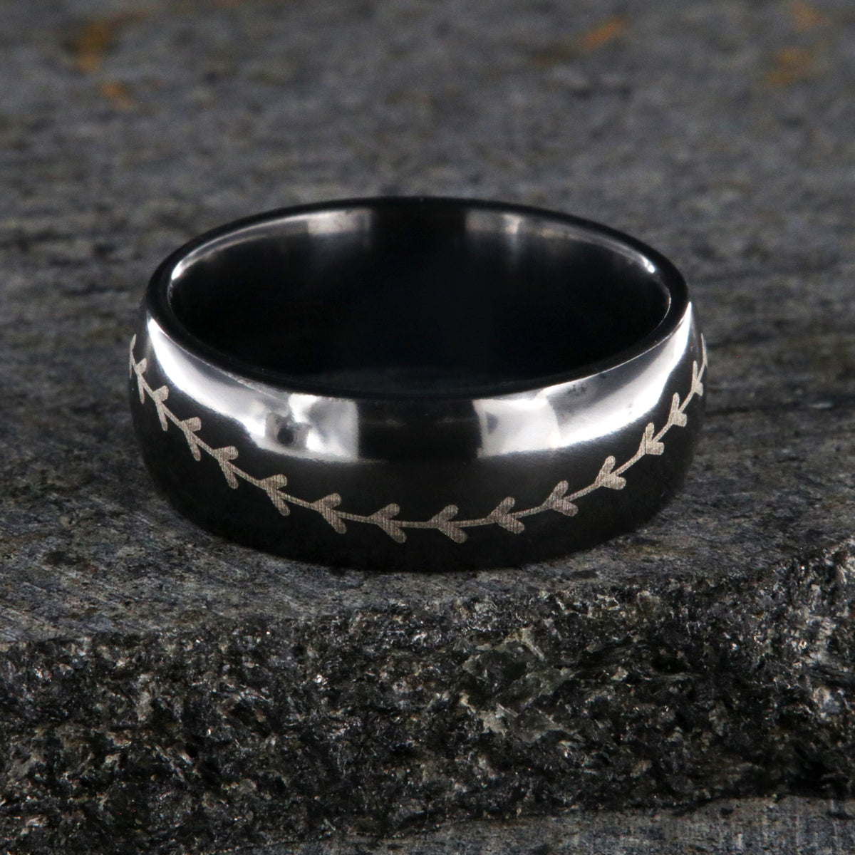 8mm wide black zirconium baseball ring with layered baseball stitching